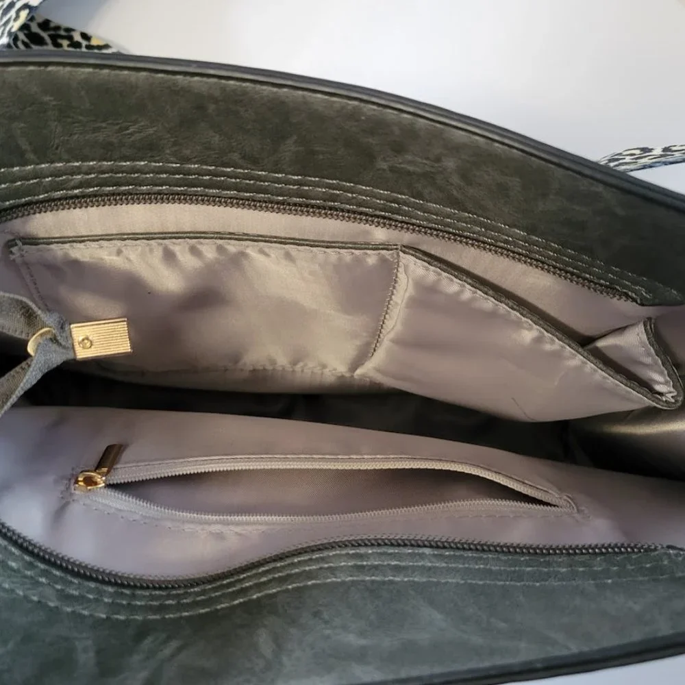 Gunmetal gray‎ faux leather handbag with animal print fabric strap